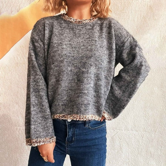 Ounisa Winter Womens Sweatshirts Fall Blouse Sequins Round Neck Long Sleeved Knitted Pullover Sweater