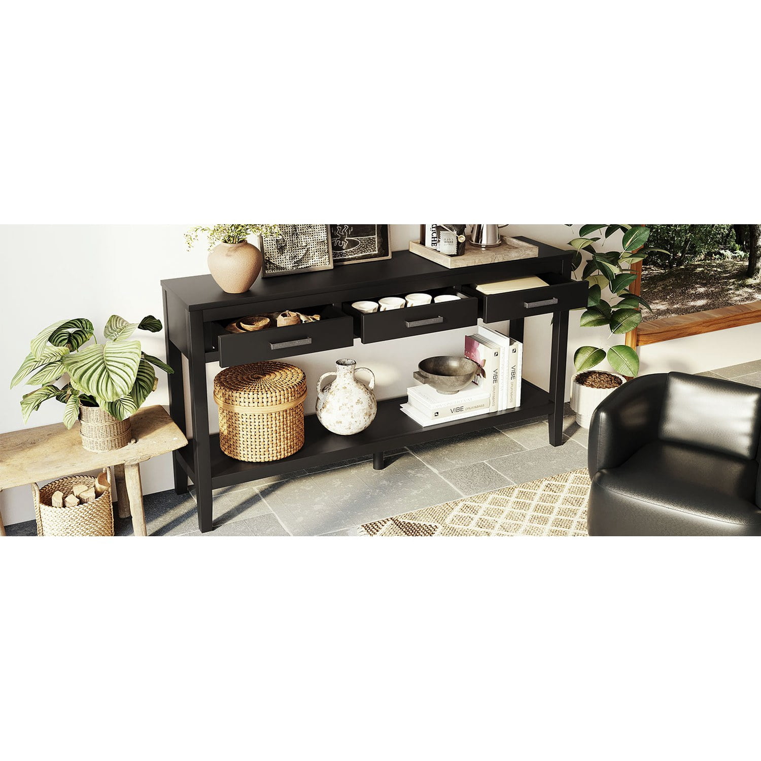 59.1" Farmhouse Entryway Table with 3 Drawers, Painted Console Table with Bottom Shelf & Iron Handles, Minimalist Sofa Table for Living Room, Hallway, Kitchen, Bedroom, Office