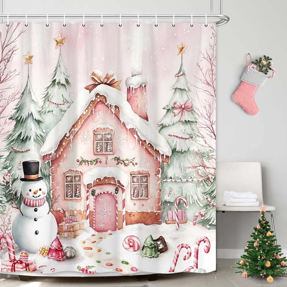 Pink Christmas Gingerbread House Shower Curtain, Winter Cute Snowman Christmas Trees Candy Bathroom Decor, Happy New Year Holiday Waterproof Fabric Bath Curtain Set with Hooks 69X70IN