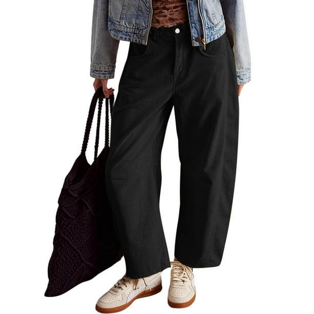 WILLBEST Pantalones Casuales para Mujer: Pana, Tiro Medio, Cintura Elástica, Pierna Ancha y Bolsillos para Un Uso Diario Versátil. Mediana