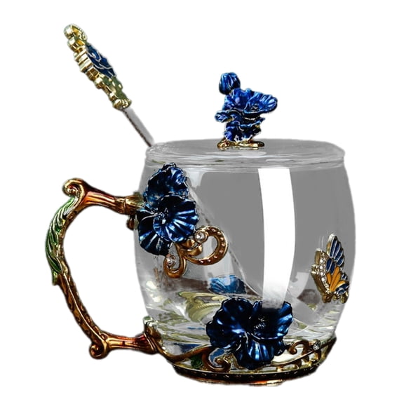 Delicate Butterfli Enameled Glass Mugs Flowers Glass Water Cup with Spoon