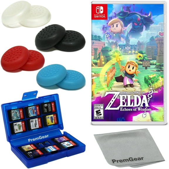 The Legend Of Zelda: Echoes Of Wisdom for Nintendo Switch (US Version), with PremGear Thumb Grips (8 pack - 2 Black, 2 Blue, 2 Red & 2 Clear), 24 Slot Game Card Holder & Cleaning Cloth