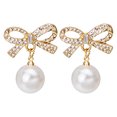 thumbnail image 2 of Pearl Accent Rhinestone Bow Drop Earrings for Sensitive Ears, Dangle Post Earrings Hypoallergenic Nickel-Free, 1.1x0.87 in​​, 2 of 8