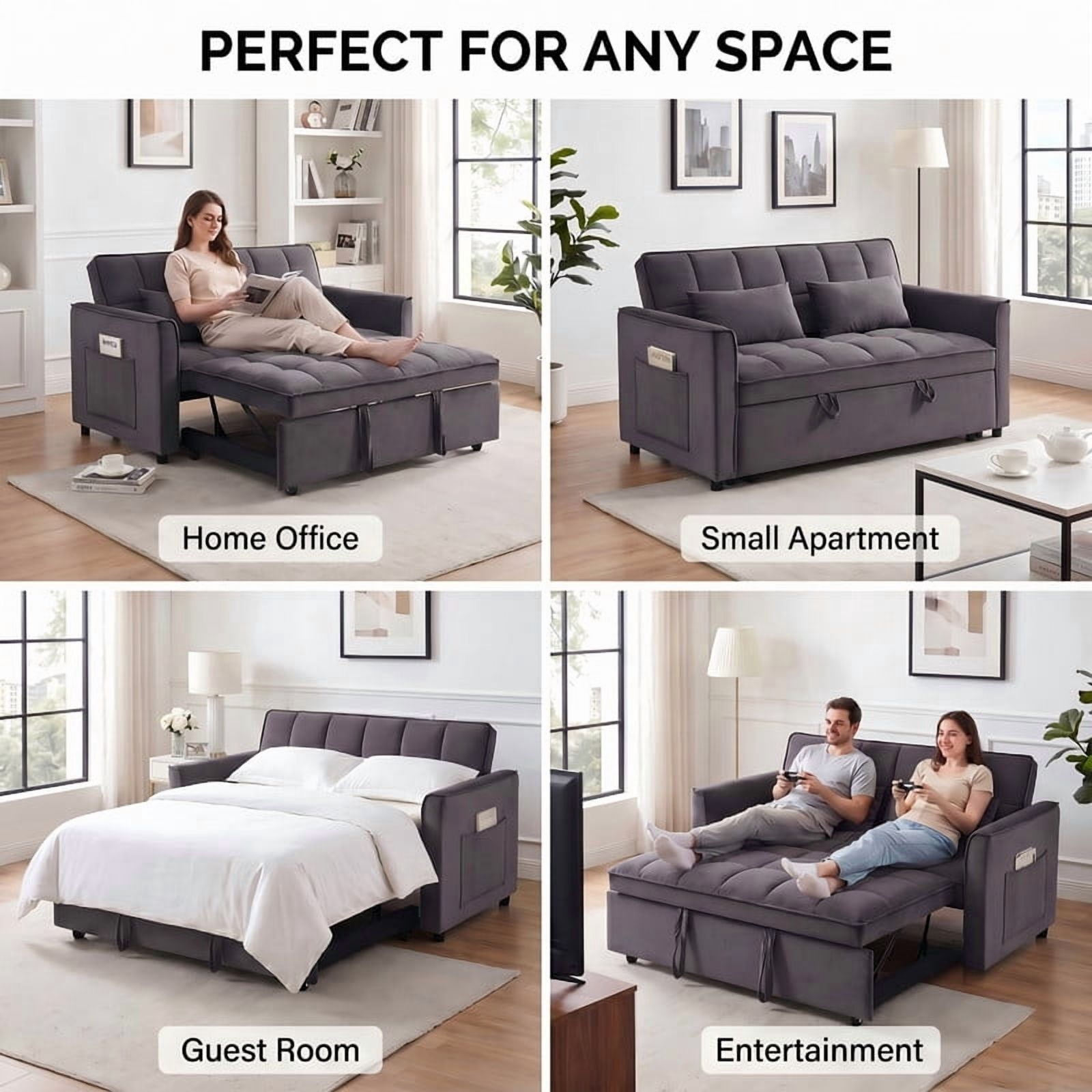 Gewnee 53 inch Convertible Sleeper Sofa Bed,Pull Out Loveseat Couch with Storage Pocket for Living Room,Apartment,Black02