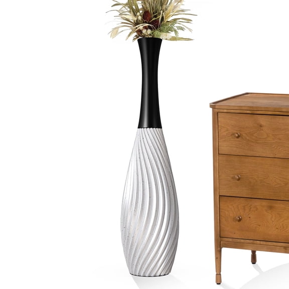 23.6" Silver Tall Vases - Black Neck Teardrop Tall Floor Vase with Textured Vertical Lines & Speckled Finish, Modern Decorative Floor Vase for Living Room, Office, Wedding Decor - Resin