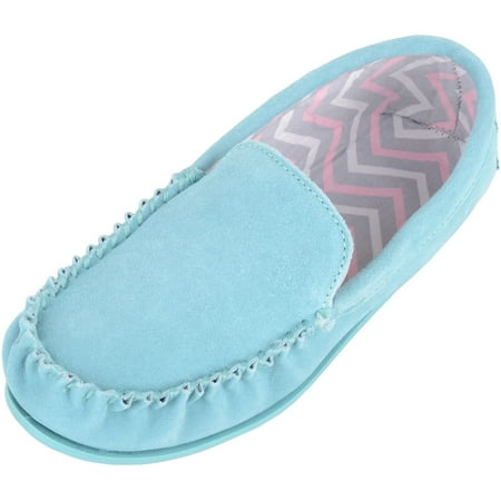 

Womens Slip On Fabric Lined Suede Moccasin Slippers with Hard Sole - Aqua - US 8