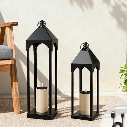 Large Solar Outdoor Lanterns, 24" & 18" Tall Black Metal Waterproof Decorative Candle Lantern for Front Porch Patio Table Indoor , Set of 2$$Tools & Hardware Other