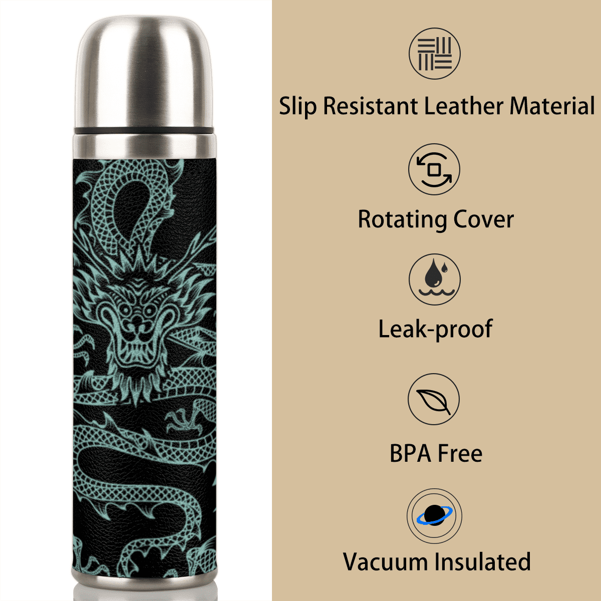 Insulated Stainless Steel Water Bottle with Cup Lid , 25oz Vacuum Flask with Double Wall, Leakproof Lid, for Outdoors Gym Office - Dragon Pattern