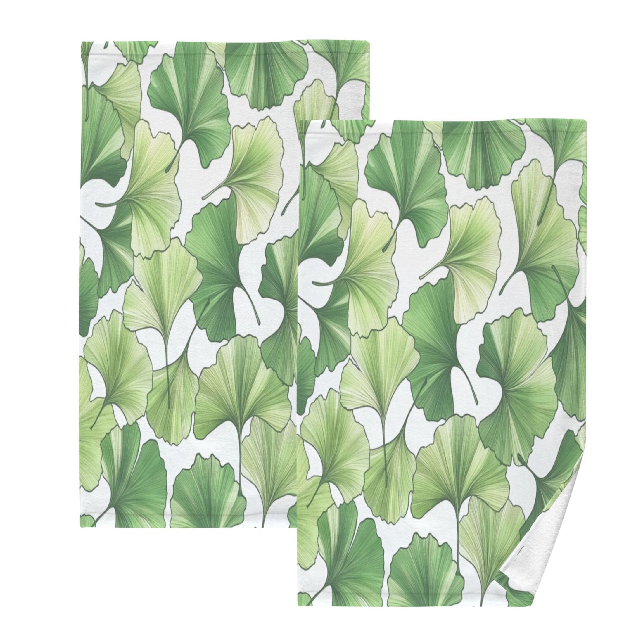 2 Pcs Absorbent Face Towel Bath Hand Towels Soft Breathable Cotton Towel Set for Bathroom Kitchen Hotel Spa Decor Green Ginkgo Biloba