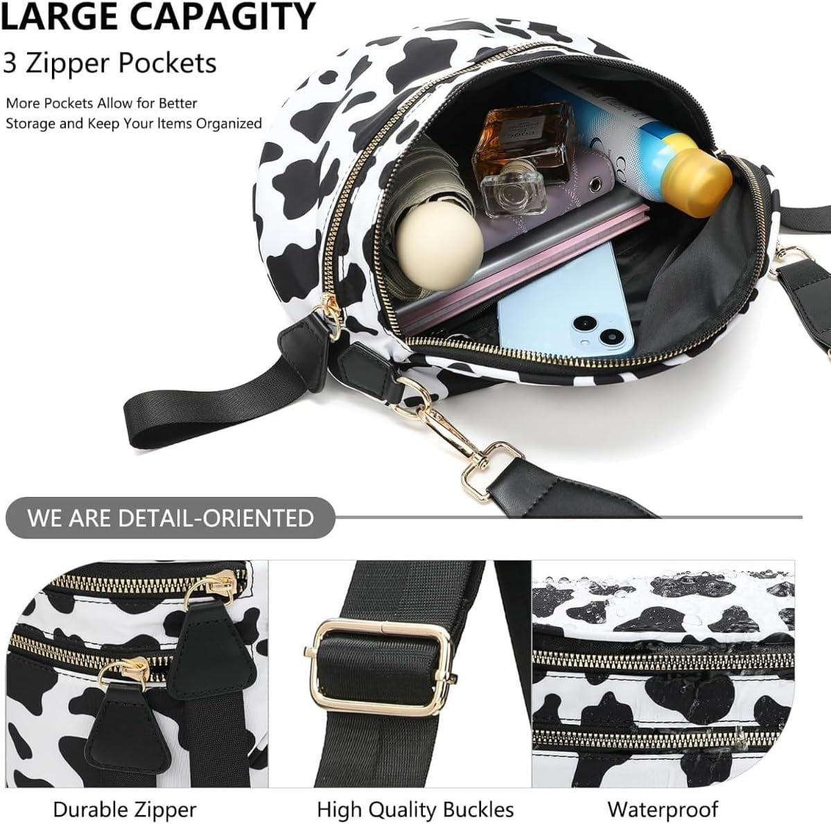 Baguery Women's Trendy Nylon Crossbody Bum Bag - Plus Size Fanny Pack Sling Belt Bag (Beige White Grid/Kelly Green), 3-Zipper Compartments​