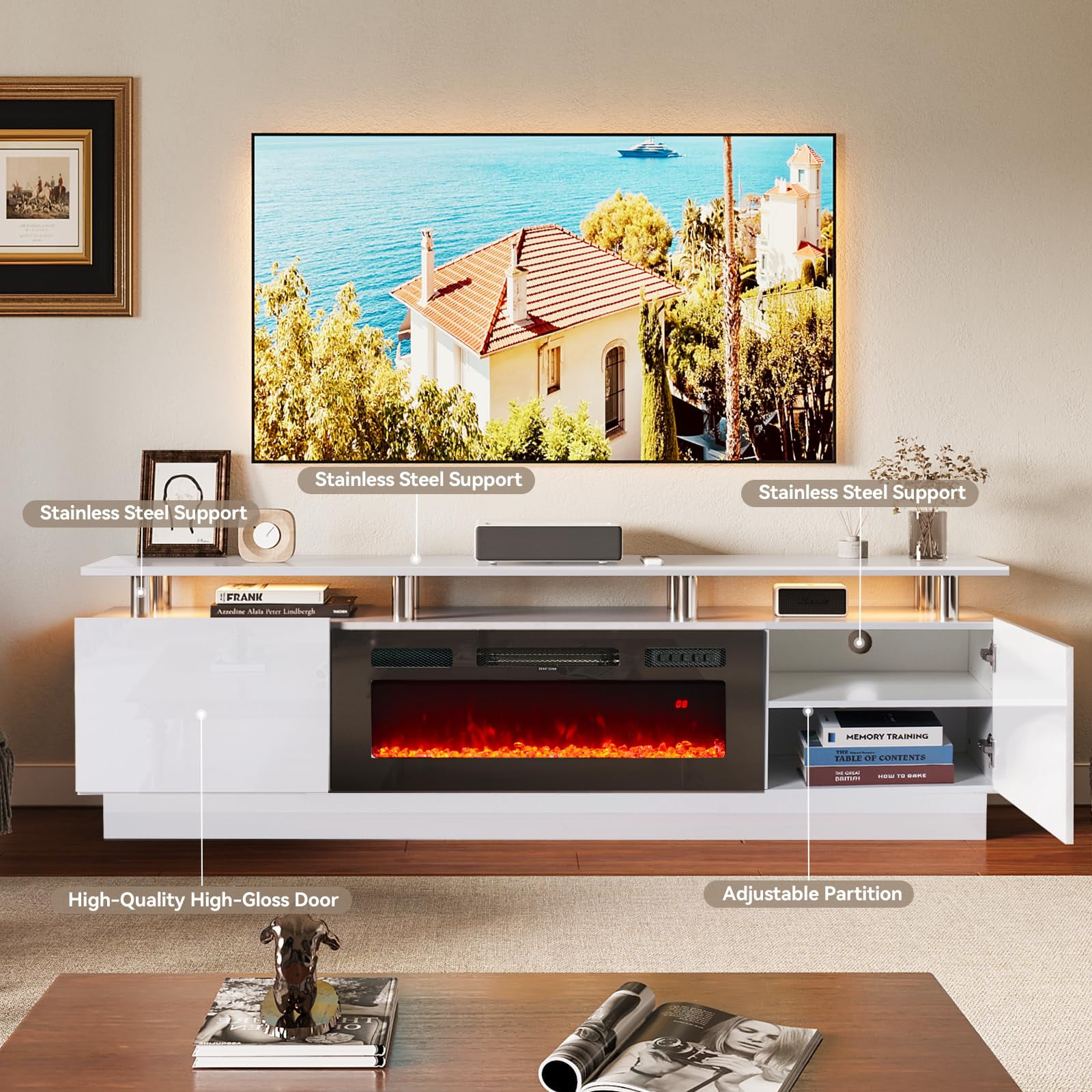 Oneinmil Fireplace TV Stand with 36” Electric Fireplace, Entertainment Center for TVs up to 90", LED Lights Entertainment Center, TV Console, White