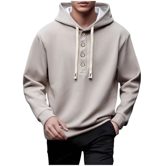 Chiccall Mens Hoodie Half Button Long Sleeve Drawstring Hooded Sweatshirts Casual Loose Fit Tops Solid Athletic Pullover with Pocket