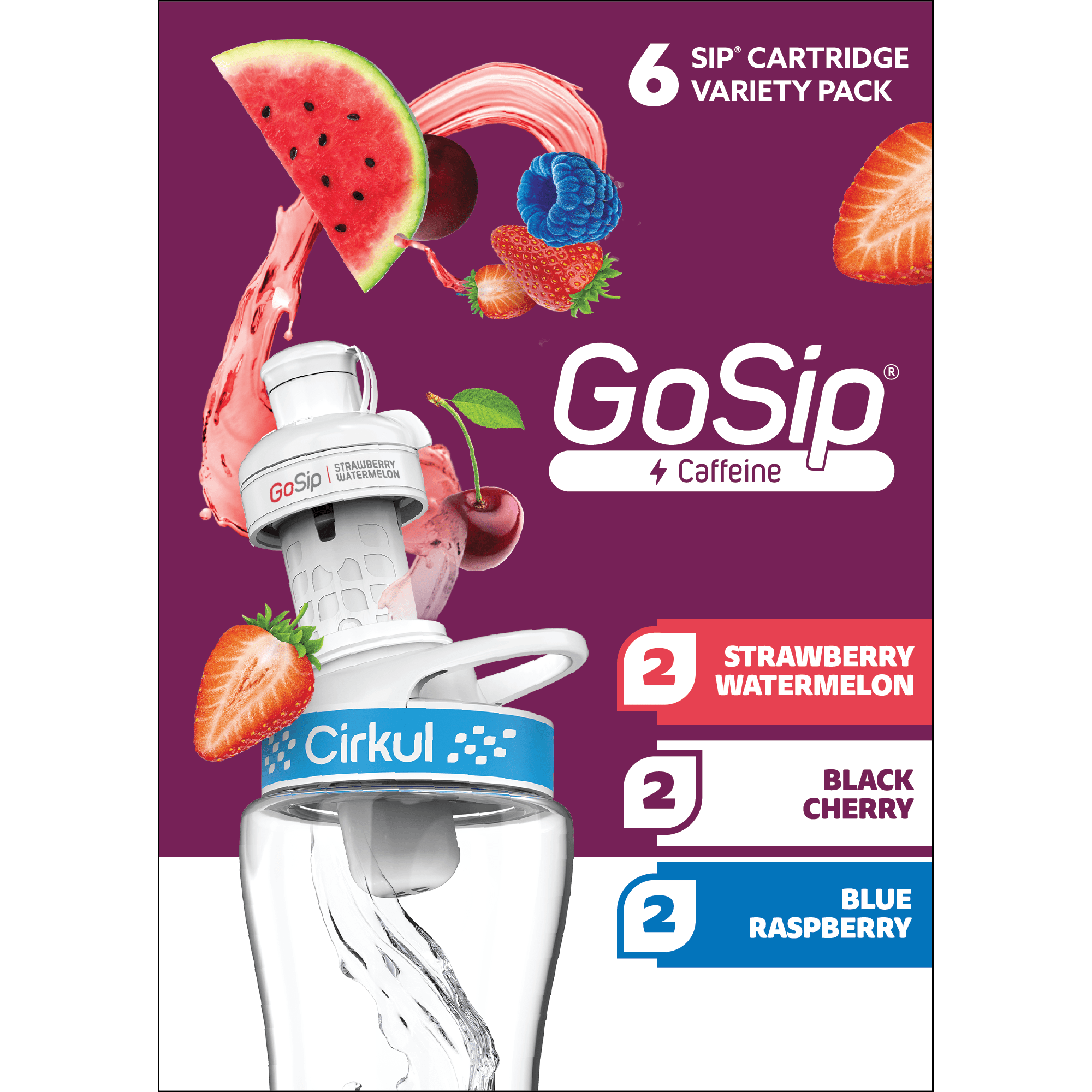 Cirkul GoSip Flavor Cartridge Variety Pack, 6-Pack (2 Blue Raspberry, 2 Black Cherry, 2 Strawberry Watermelon)