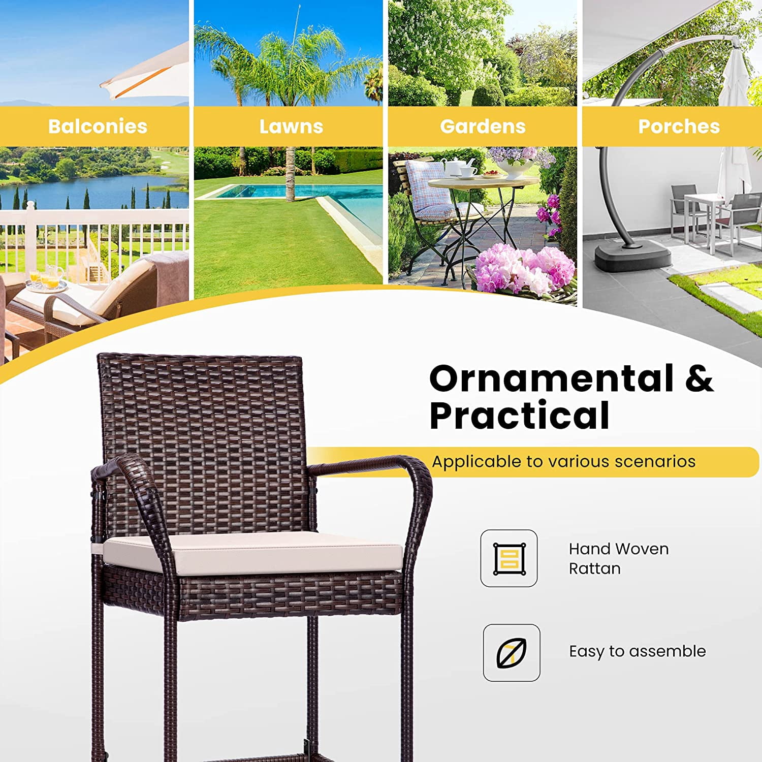 SPECSTAR Outdoor Wicker Bar stools Chair with Armrests and Cushions, 2-Packs Set