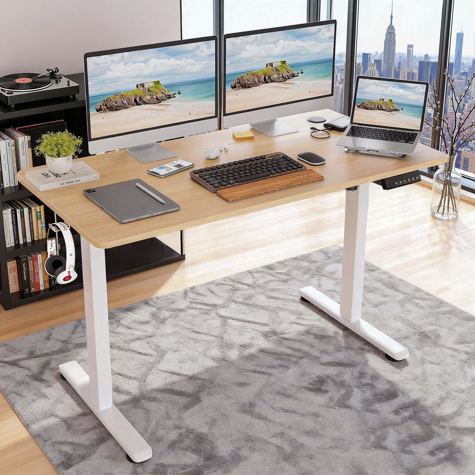 MAYEERTY 48×24" Electric Height-Adjustable Desk, Sit Stand Desk with Side Hooks for Home & Office, Nature
