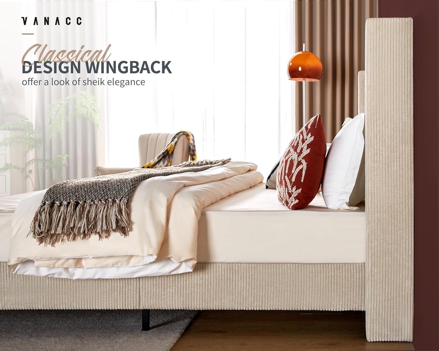 VanAcc King Size Platform Bed Frame, 50.8" Corduroy Upholstered Bed with Vertical Channel Tufted Headboard/Wooden Slats/Wingback, Beige
