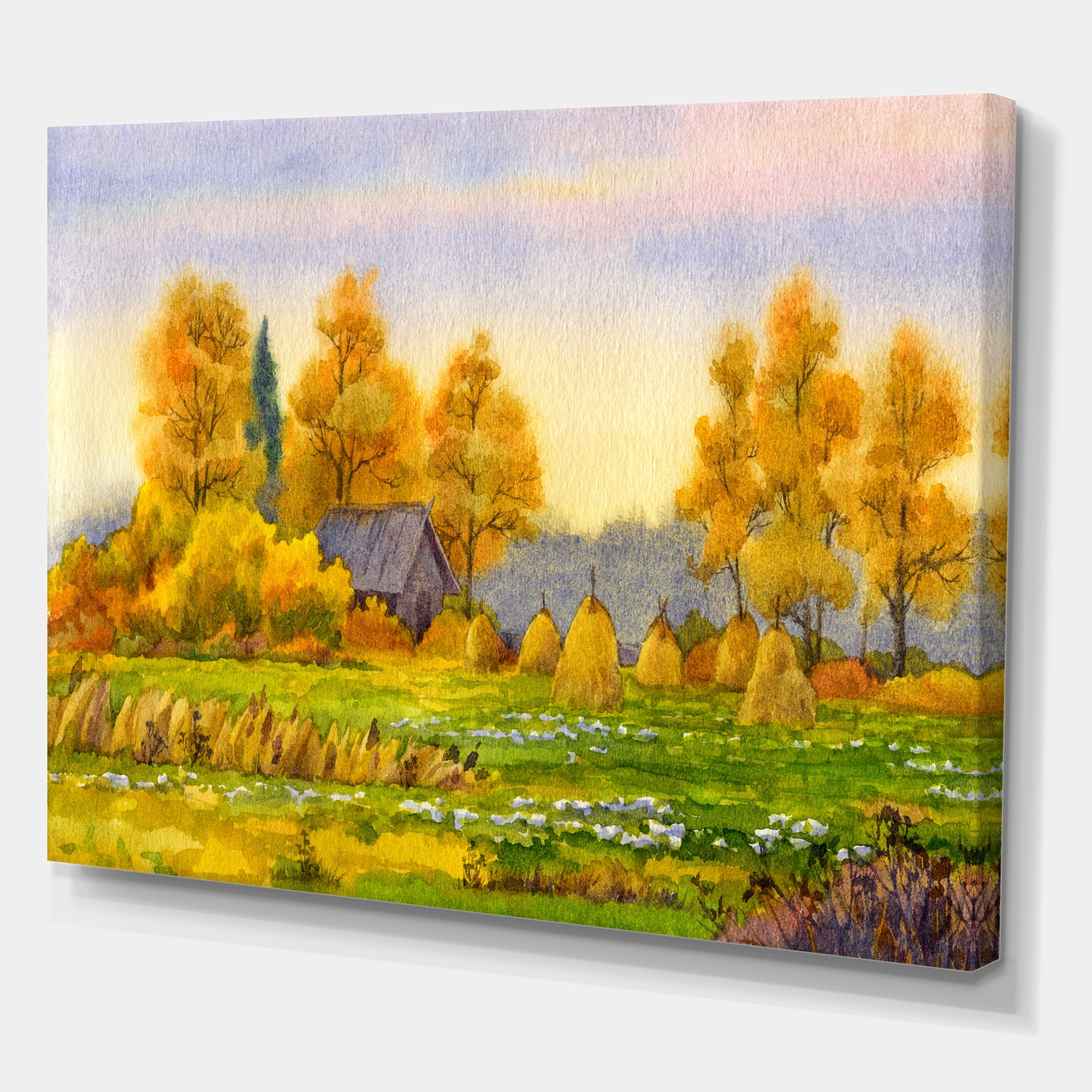 Designart ' Orange Fields With Haystacks II ' Lake House Canvas Wall Art Print
