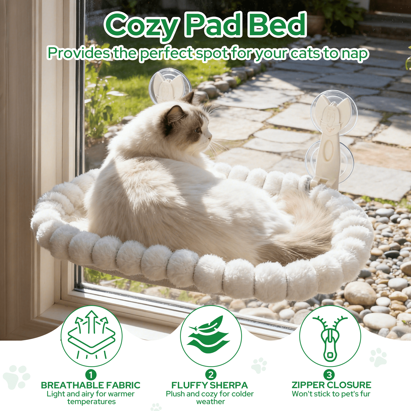 Euqvunn Cat Window Perch, Cat Window Hammock with Metal Frame and Reversible Cover&4 Strong Suction Cups, No Drilling, Cat Beds for Indoor Cats for Sunbathing, Napping & Overlooking(White,Velvet)