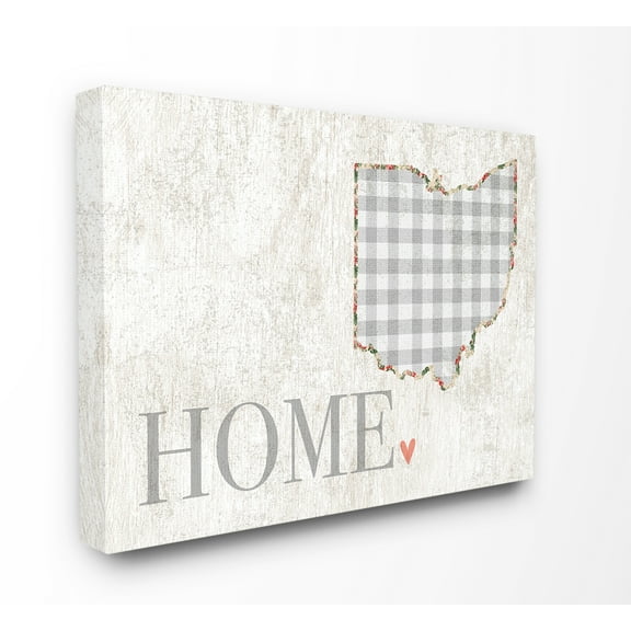 Stupell Industries Ohio Grey Gingham and Floral Heart and Home Town & City Painting Gallery Wrapped Canvas Art Print Wall Art, 30 x 40