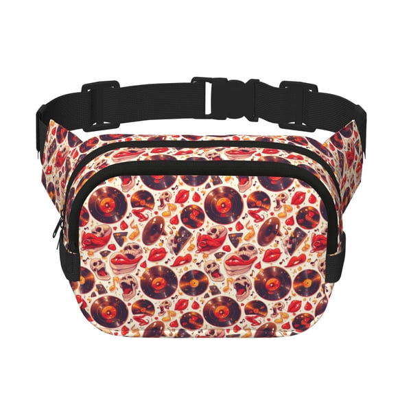 Saiise Sac Banane à Double Compartiment Motif Cœur de Musique Enregistreur de Crâne Sac de Taille Carré Réglable Mains Libres Ceinture de Course Randonnée Sécurité Voyage Bandoulière en Sergé