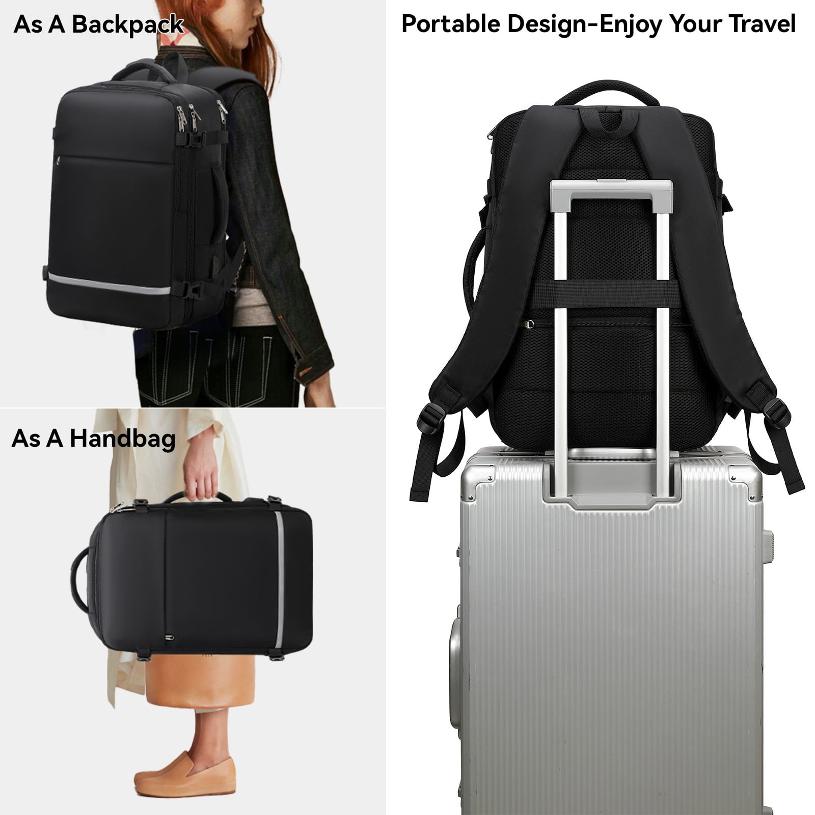 XJ-HOME Travel Backpack for Women, Flight Approved Carry On Backpack, Person Item Suitcase Backpack, 15.6" Laptop Backpack with USB Charging Port, Weekender College Daypack for Business Hiking, Black