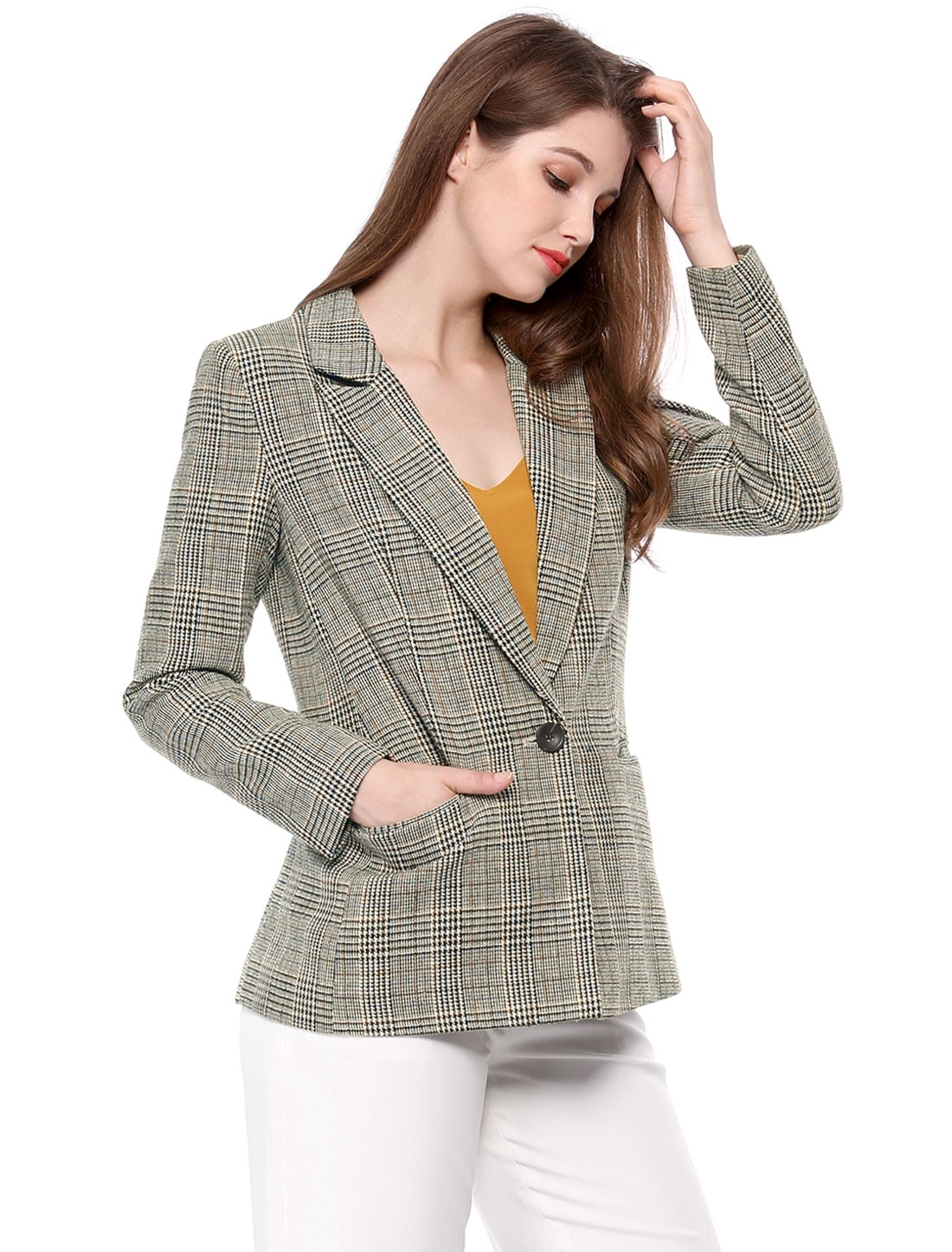 DARING DIVA Women's Boyfriend Notched Lapel One Button Blazer Suit Plaid Blazer Jacket M Black