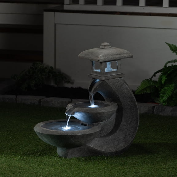 Pagoda Tiered Outdoor Fountain with 3 White LEDS