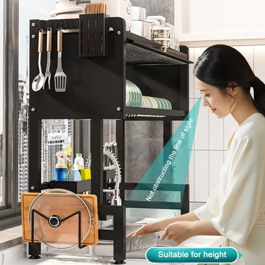 3-Tier Dish Drying Rack, 33.5" Over Sink Dish Rack for Small Kitchen, Space-Saving Dish Rack with Cover, Baskets, Utensil, Large Sink Storage Organizer Black