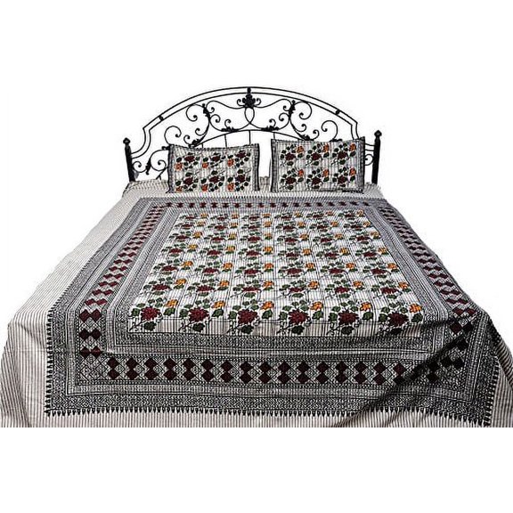 Exotic India Pure Cotton Bedspread Floral Print With Two Pillowcase Set