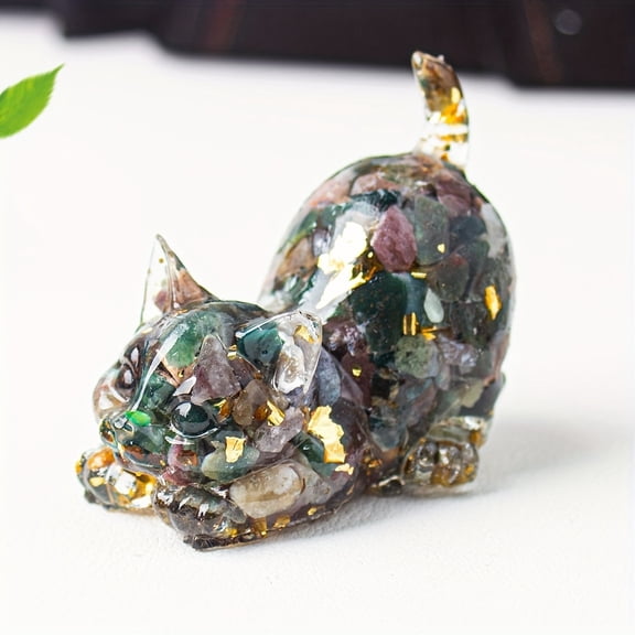 1pc Cat Resin Wrapped Natural Crystal Gemstone Animal Ornament, Tail Cat Decoration, Home Decor Collectible Figurines Gift for Housewarming