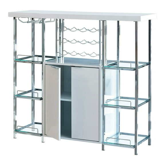 6 Glass Shelf Metal Frame Bar Cabinet with Power Outlet Clear and Chrome - Saltoro Sherpi