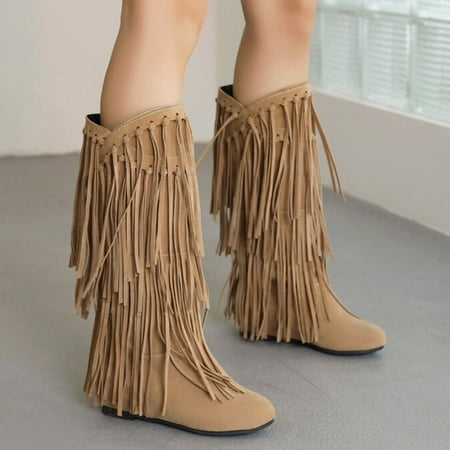 

FZM Cowboy Boots For Women Women S Plus Size Winter Chunky Heel Fringe Boots Inside Booster Mid Length Boots Beige Us Size 6.5
