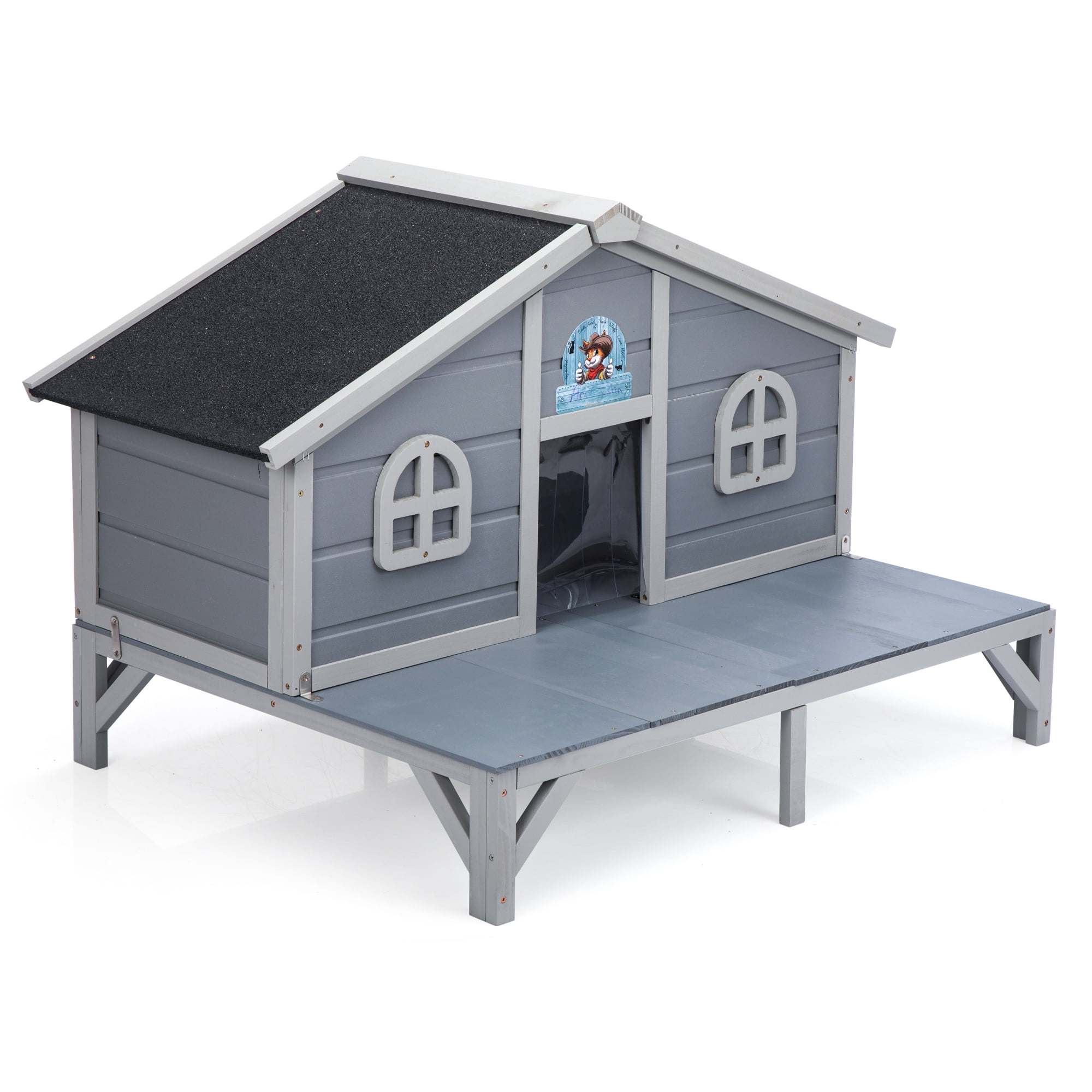 Pefilos 43" Outdoor Cat House for Cats, Wooden Cat Condo All Weather Weatherproof Cat Shelter with and Escape Door, Gray