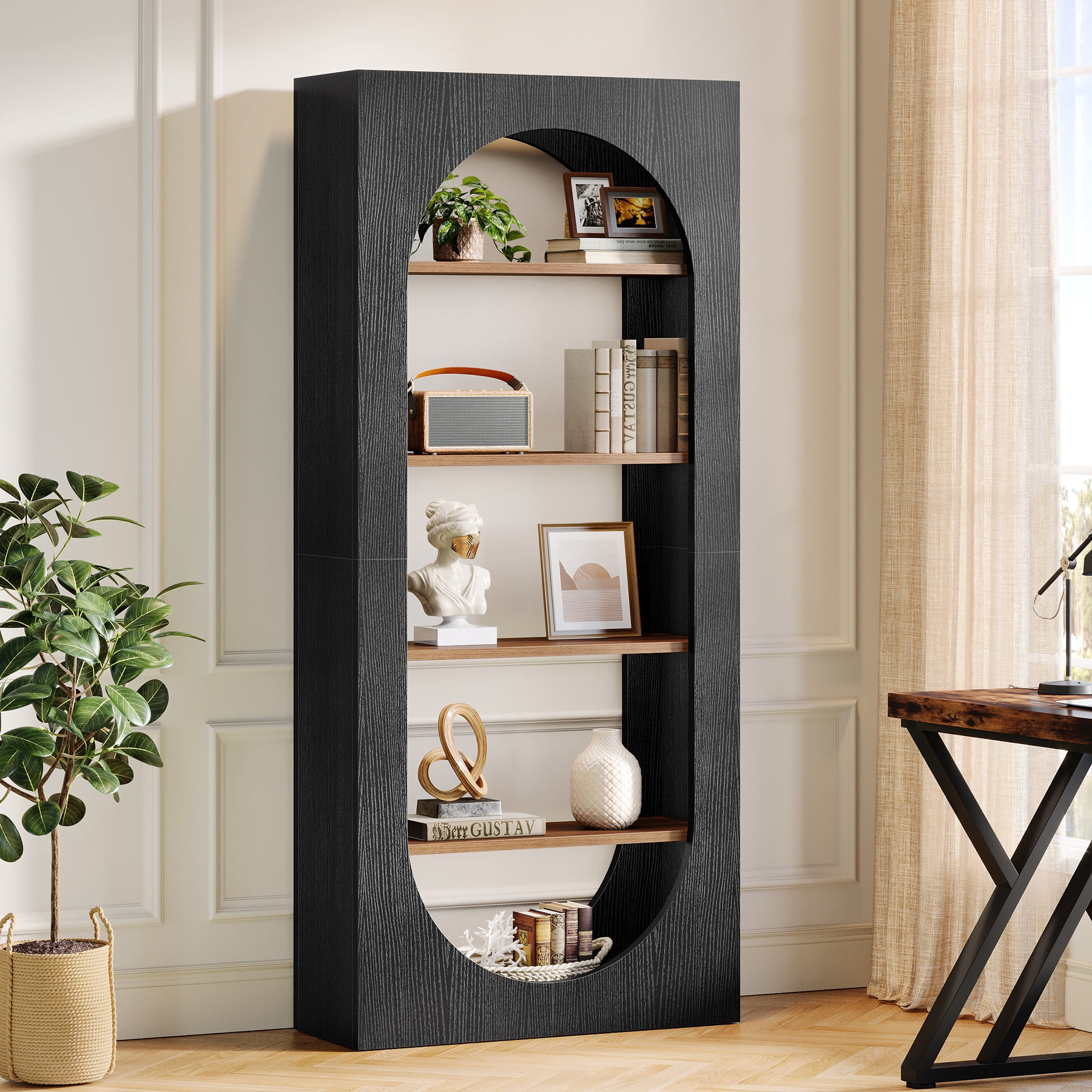 Tribesigns 70.87" Tall Black Arched Bookshelf, 5-Tier Arch Bookcase with Storage