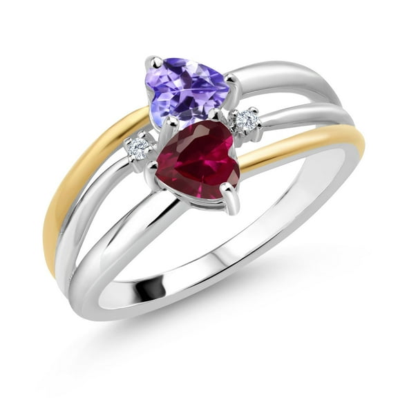 Gem Stone King 925 Silver and 10K Yellow Gold Blue Tanzanite and Red Created Ruby and White Lab Grown Diamond Band Ring for Women (1.12 Cttw, Gemstone December Birthstone, Heart Shape 5MM, Size 6)