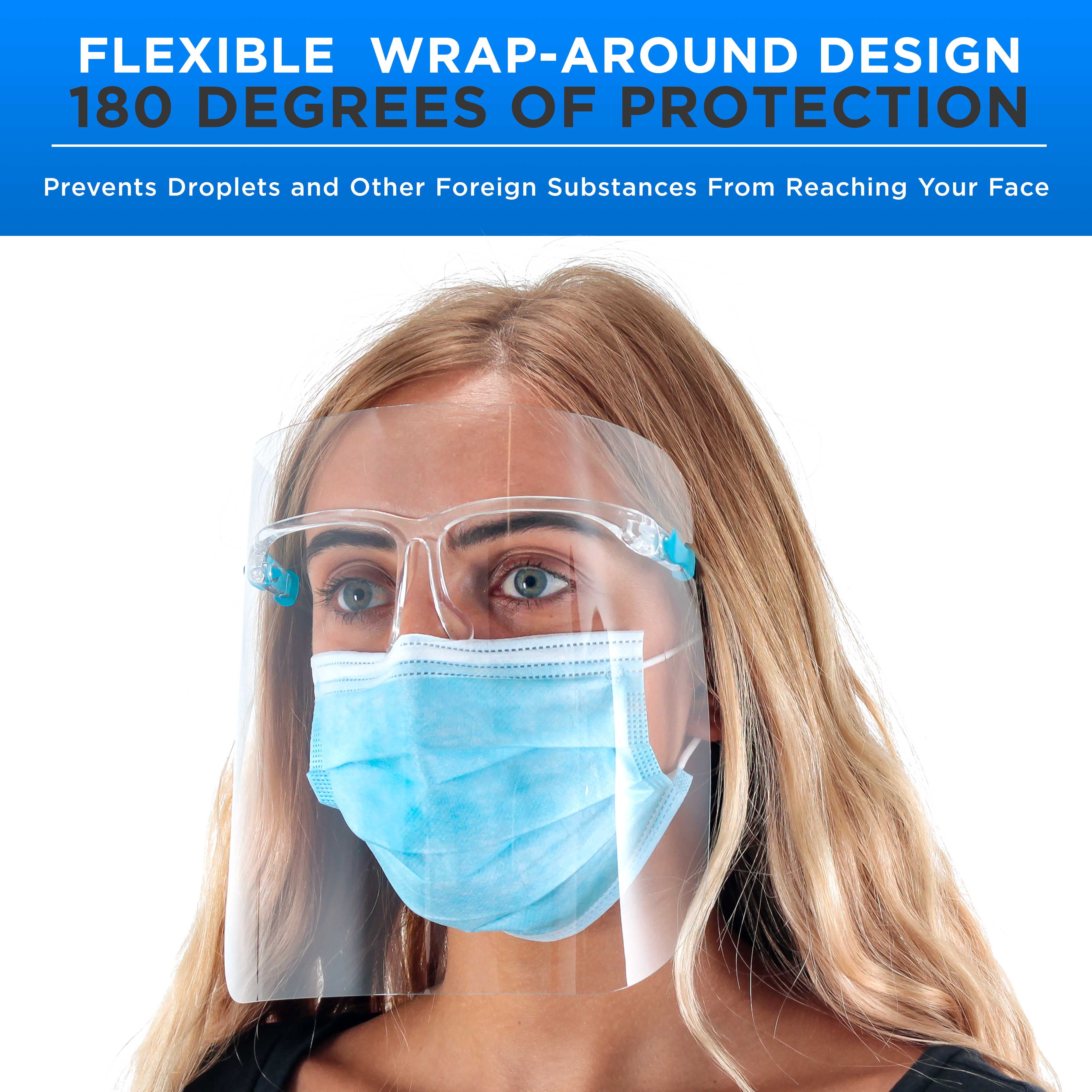200 Safety Face Shields with Glasses Frames (20 Packs of 10) - Ultra Clear Protective Full Face Shields to Protect Eyes, Nose, Mouth - Anti-Fog PET Plastic, Goggles, Sanitary Droplet Guard