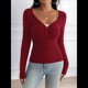 thumbnail image 5 of Camisa de Larga para Mujer, Cuello en V, Botones, Punto Acanalado, Corte Entallado, Informal, Básica, para y Otoño Vino Tinto XL, 5 of 9