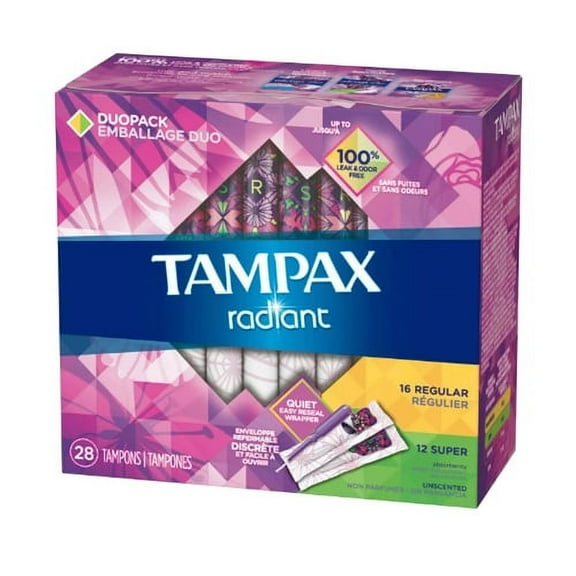 Tampax Radiant Duopack Regular/Super Absorbency Unscented Plastic Tampons, 28 Ea, 3 Pack