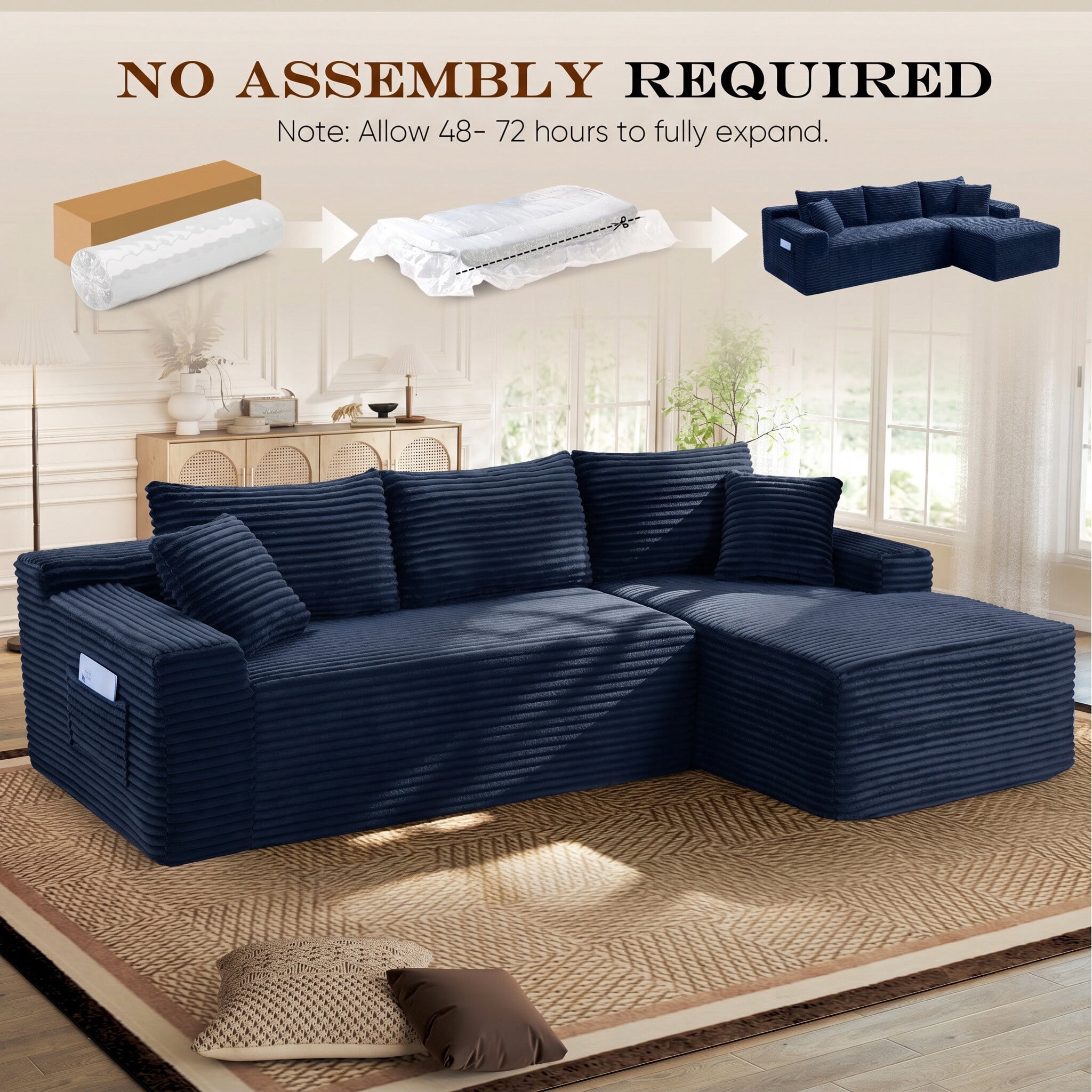 Lunale Small Modular Sectional Sofa with Movable Chaise, L-Shaped Boneless Cloud Couch for Living Room, Blue (Right Facing Chaise)