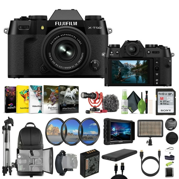 Fujifilm X-T50 Mirrorless Digital Camera XC15-45mmF3.5-5.6 OIS PZ Lens Bundle Kit With 128GB Memory Card   Tripod   Video LED Light   Rode Microphone   7" HD Monitor and More Accessories - Black