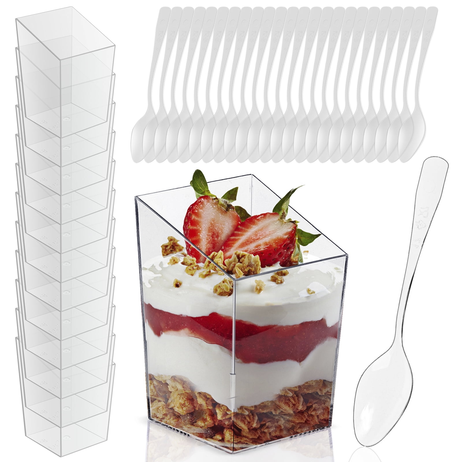 Dlux 100 x 3 oz Mini Dessert Cups with Spoons and Lids, Square Tall - Clear Plastic Parfait Appetizer Cup - Small Reusable Serving Bowl for Party