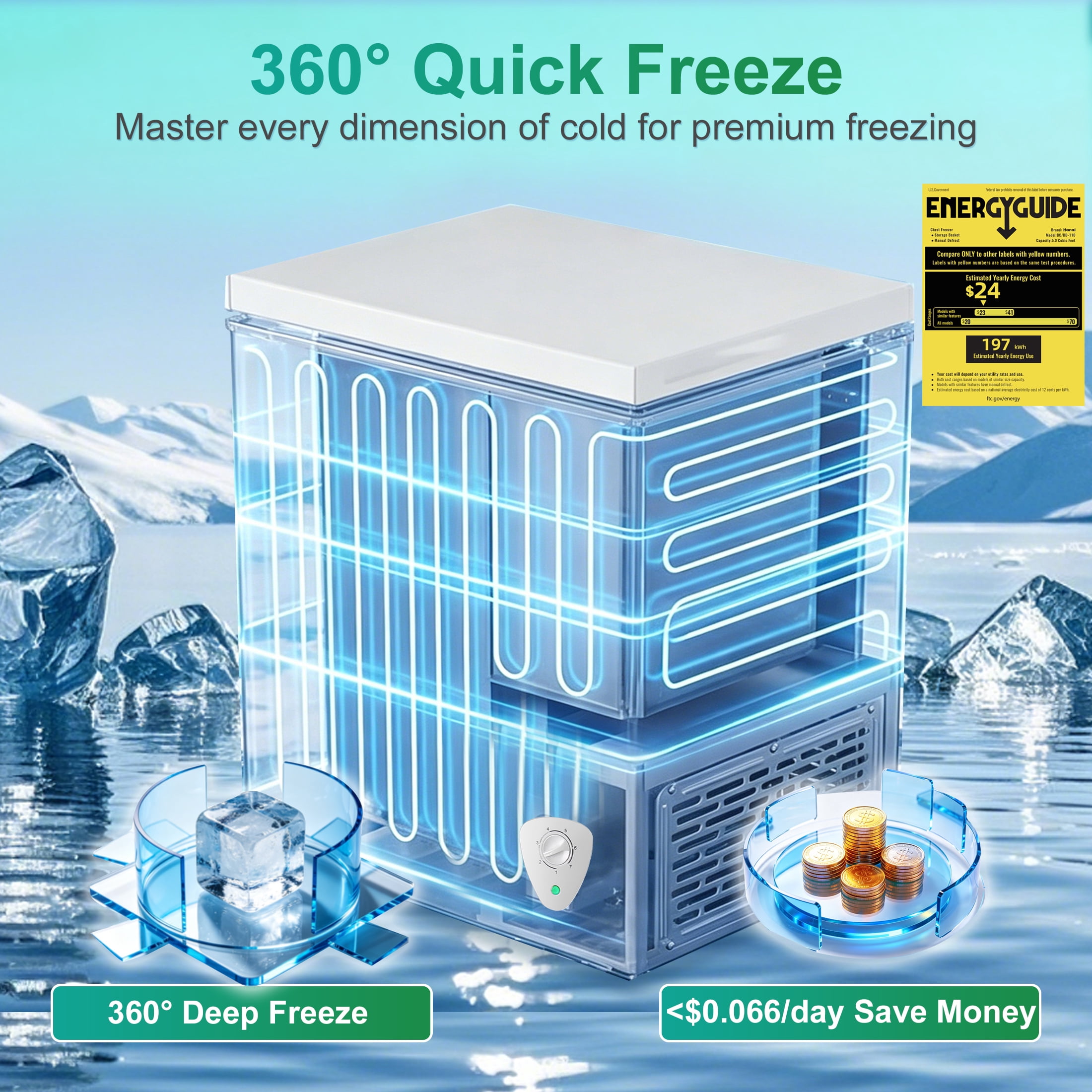 Wanai 5 cu ft Deep Freezer, White, for Garage, Kitchen, or Basement