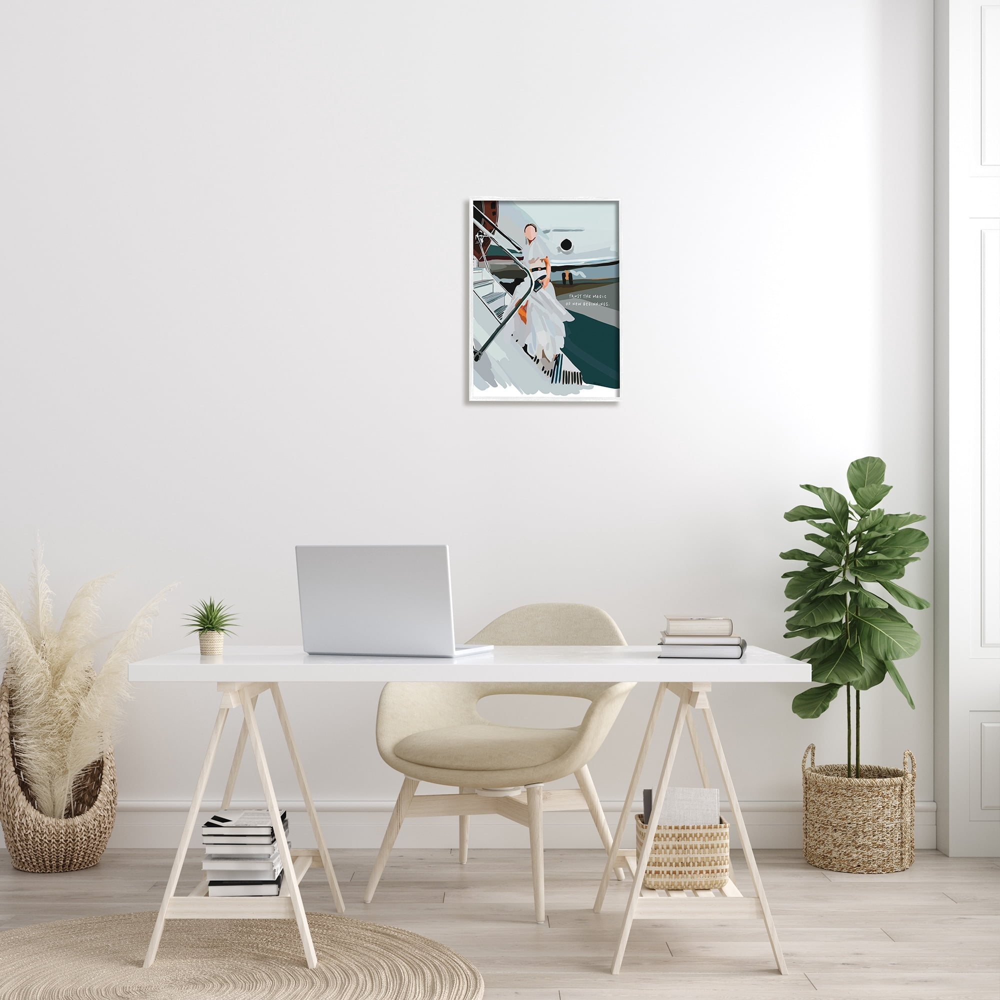 Stupell Industries Magic of New Beginnings Uplifting Woman Boarding Airplane Graphic Art White Framed Art Print Wall Art, Design by Amelia Noyes