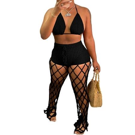 

TFFR 2 Pcs Women Hand-crochet Outfits Tie-up Solid Color Halter Bra + Hollow-out See-through Fishnet Trousers