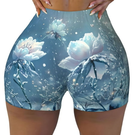 Workout Shorts Women  Winter snowy night flowers Biker Shorts for Women Running Gym Spandex Shorts Tummy Control