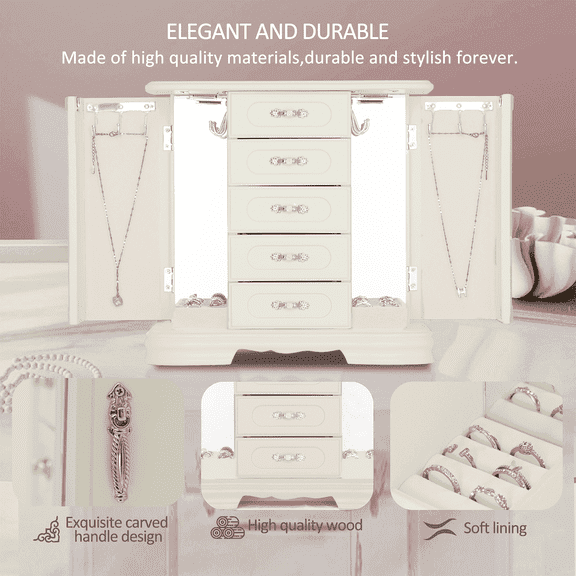 Stufurhome Off-White Wooden Jewelry Box with 12 Hooks and Velvet Lining Organizer for Woman, Girls