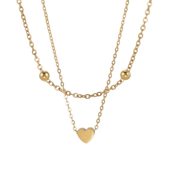 EUEAVAN Love Heart Pendant Double Layer Stainless Steel Bead Chain Necklace Gold