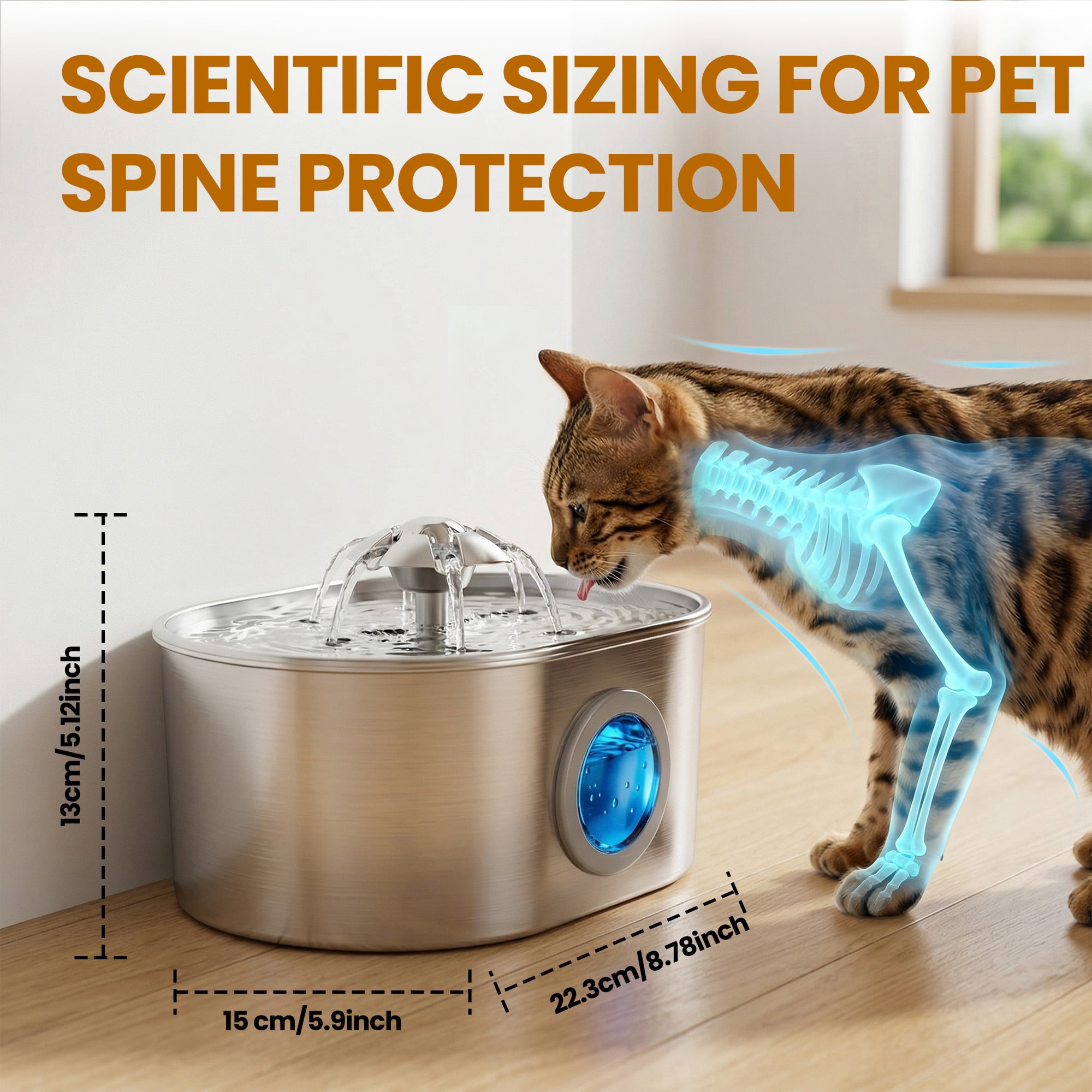 FURCLAN Cat Water Fountain Stainless Steel, 74oz 2.2L Pet Water Dispenser with LED Light, Visible Water Window, 3 Filters for Cats and Pets