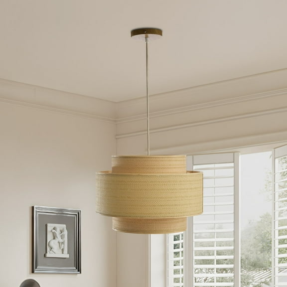 3-Tier Drum Bamboo Plug in Pendant Light E26 Dimmer Switch Hanging Lights Fixture Plug in Chandelier for Kitchen Island Dining Room Entryway Hallway-1Pack