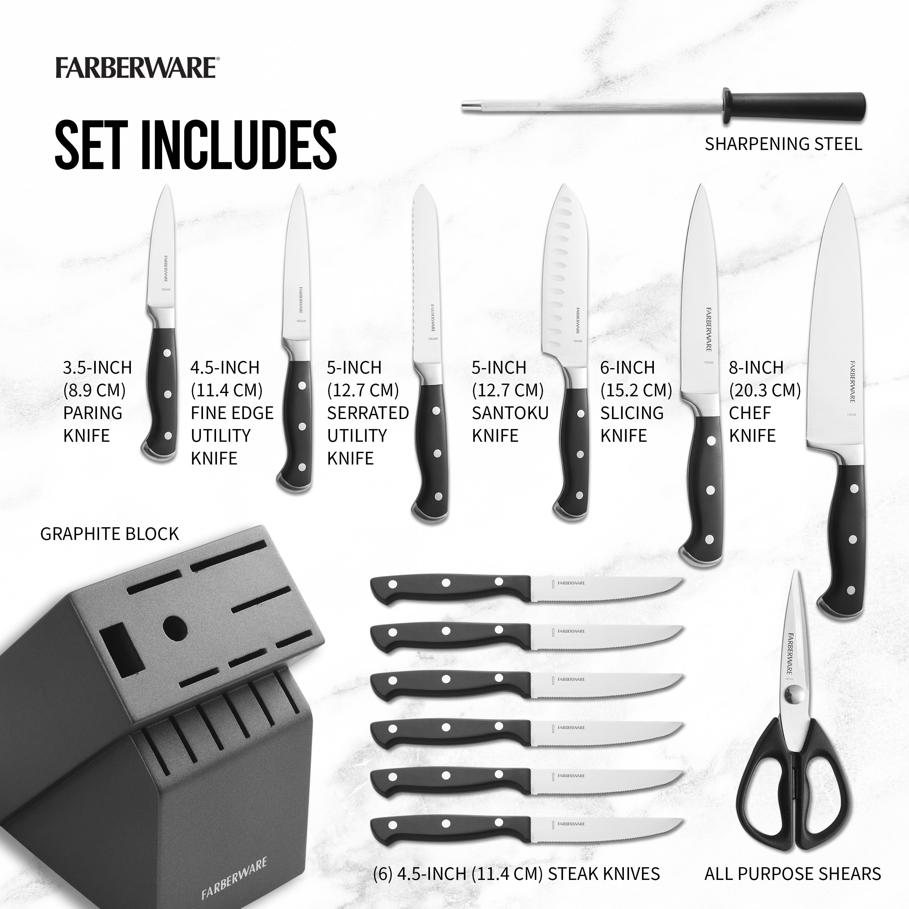 Farberware 15-Piece Triple Rivet Kitchen Knife Block Set with Natural Wood  Block and Black Handles 